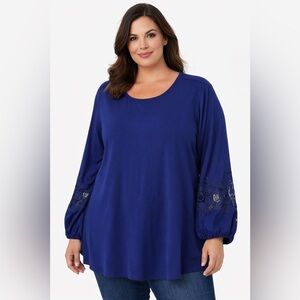 Dennis Basso Women’s Crepe Tunic Top Blue Blouse Lace Trim Sleeves Sz 3X Boho